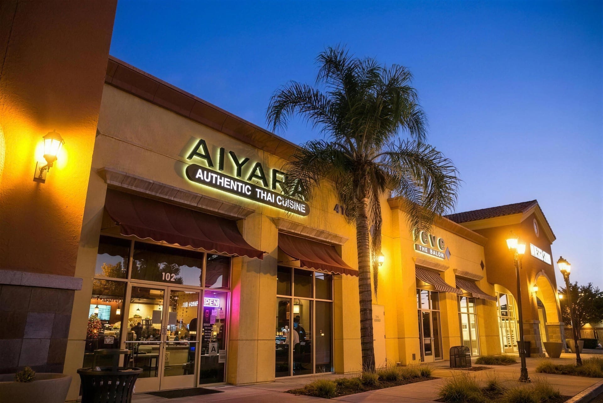 Aiyara Thai Cuisine storefront at dusk, Temecula